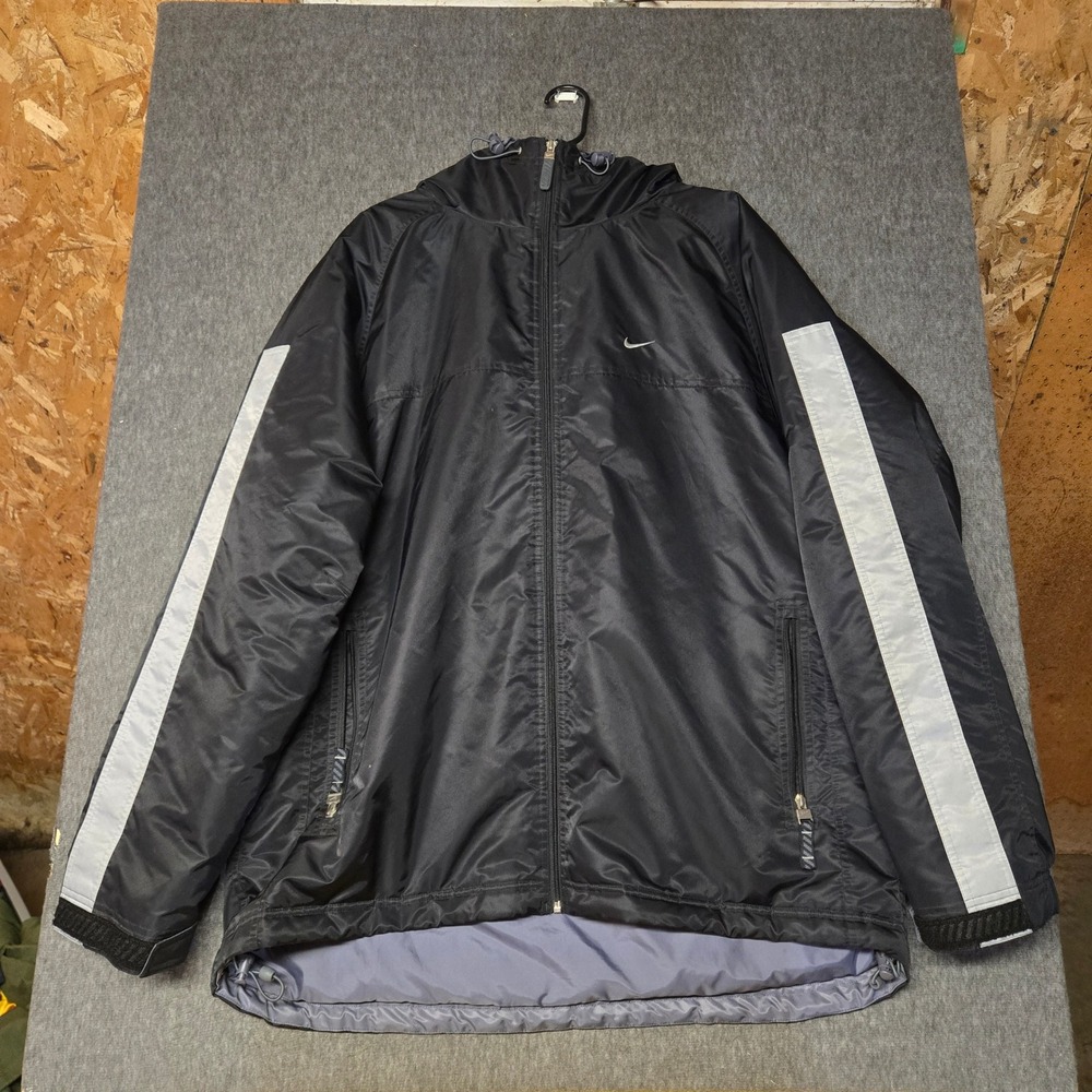 Vintage Nike Silver Tag Puffer Jacket Mens XL Black Hooded Fleece Lined MMIV Y2K